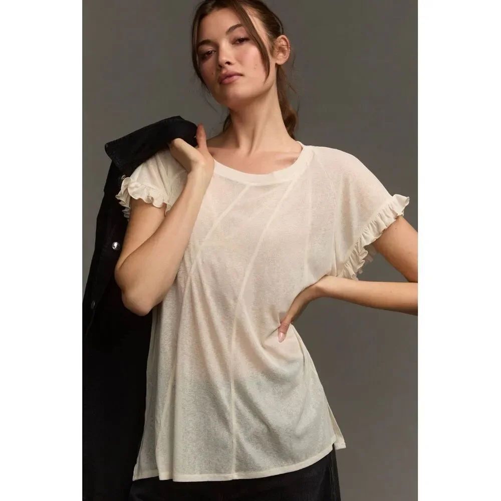 Anthropologie Cream Ribbed Romantic Sheer Sleeve Top sz 2X NWT